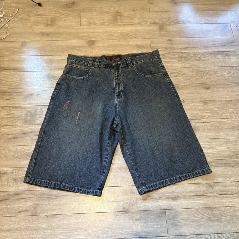 blue tab y2k grayish blue patchwork jorts